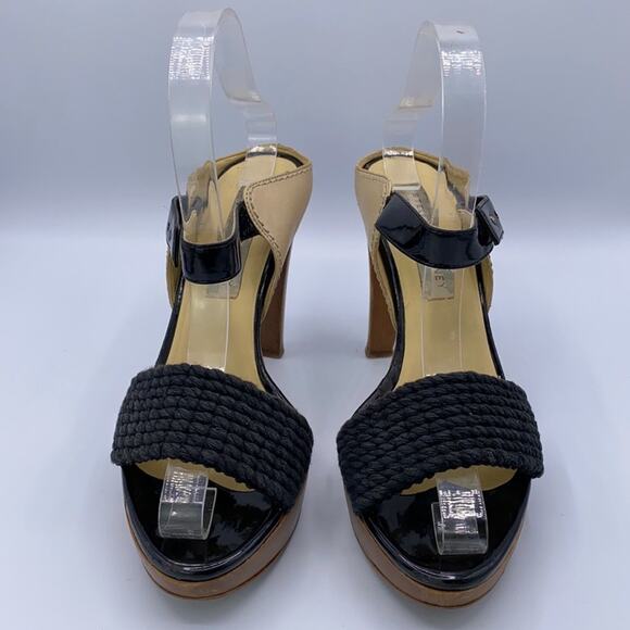 Stella McCartney Black & Tan Woven Platform Sandals 36 Wooden Heel Ankle Straps - Picture 2 of 12